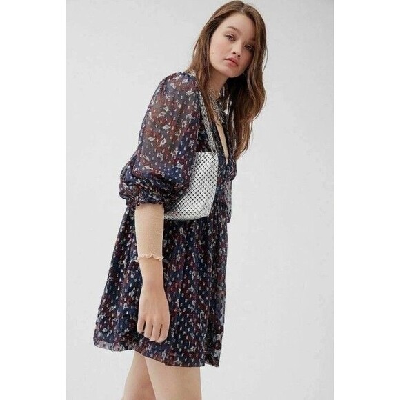 Urban Outfitters Omaha 3/4 Sleeve Print Blue Pleat Ruffle Metallic Dress Medium - Picture 1 of 5